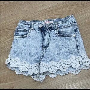 Refuge Light Blue Jean Shorts with White Lace Trim
